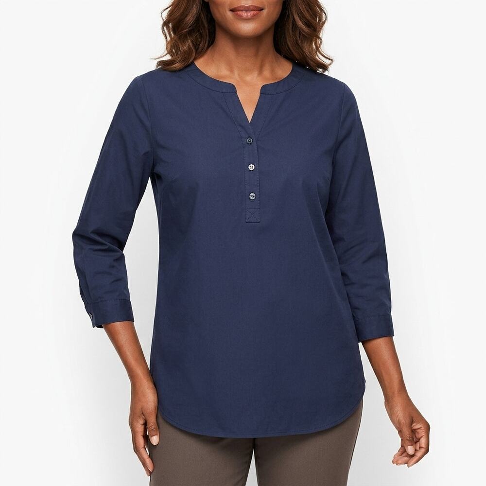 TALBOTS Blue Tunic Stretch Top Women 3/4 Sleeve Woven Size XS